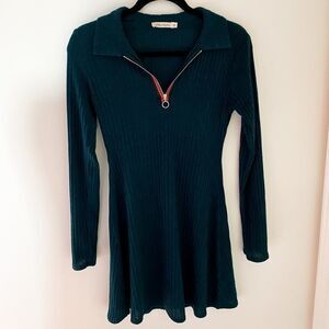 NEW Chloe & Katie Long Sleeve Zip Up Collar Skater Dress Dark Green Size Medium